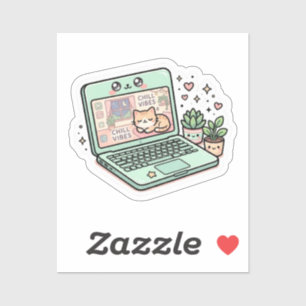 Cute Kawaii Chill Vibes Laptop Cat Potted Plant St