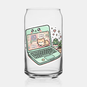 Cute Kawaii Chill Vibes Laptop Cat Potted Plant St Can Glass