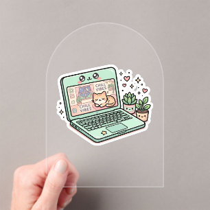 Cute Kawaii Chill Vibes Laptop Cat Potted PSticker Acrylic Invitations