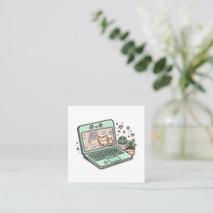 Cute Kawaii Chill Vibes Laptop Cat Potted PSticker Square Business Card