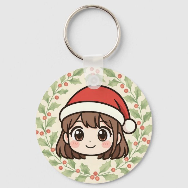 Cute Kawaii Christmas Anime Girl Keychain (Front)