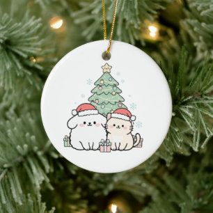 Cute Kawaii Christmas Cat & Dog Festive Holiday  Ceramic Ornament