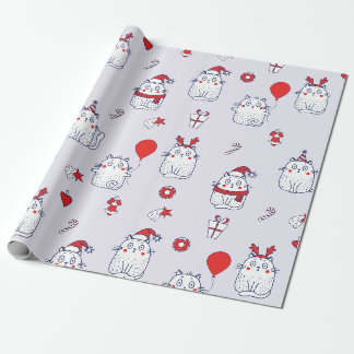 Cute Kawaii Christmas Cat Holiday Doodle Pattern Wrapping Paper