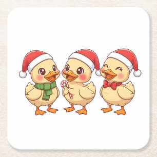 Cute Kawaii Christmas Ducks   Festive Holiday  Square Paper Coaster