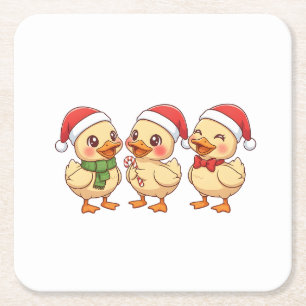 Cute Kawaii Christmas Ducks   Festive Holiday  Square Paper Coaster