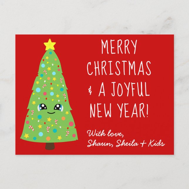 Cute Kawaii Christmas Tree Cartoon Merry Xmas Kids Postcard (Front)