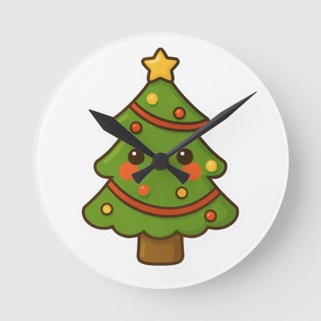 Cute Kawaii Christmas Tree Round Clock (Front)