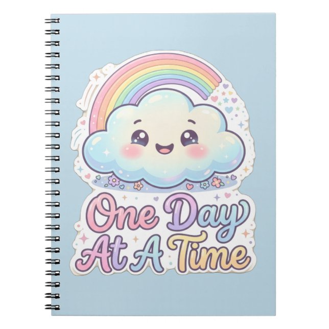 Cute Kawaii Cloud Rainbow One Day At A Time Notebook (Front)