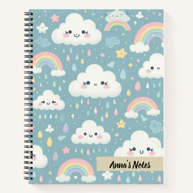 Cute Kawaii Clouds and Rainbows Blue Personalised Notebook (Front)
