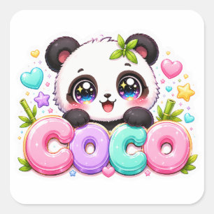 Cute Kawaii Coco Panda Name Pastel Pink Sparkling Square Sticker
