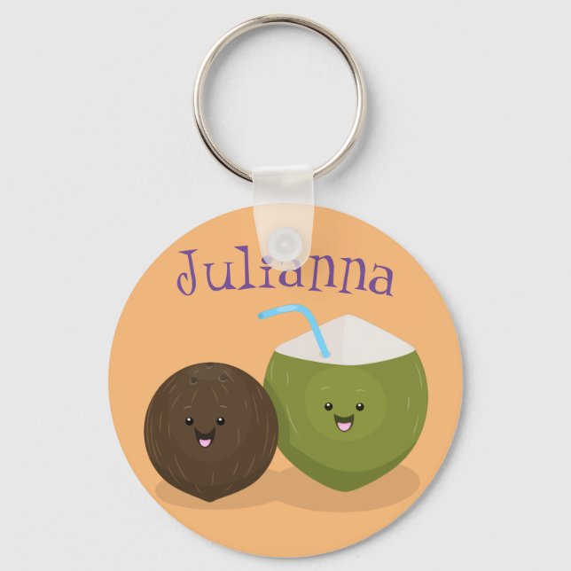 Cute kawaii coconut cartoon illustration key ring (Front)