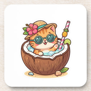 Cute Kawaii Coconut Cat Sunglasses Summer BSticker Coaster