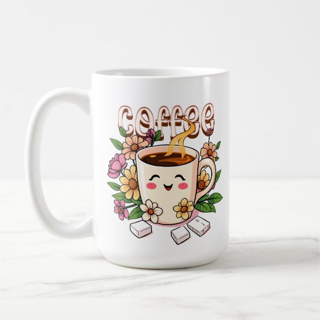 Cute Kawaii Coffee and Flowers Coffee Mug (Left)