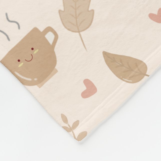 Cute Kawaii Coffee and Leaves Autumn Pattern Fleece Blanket (Corner)