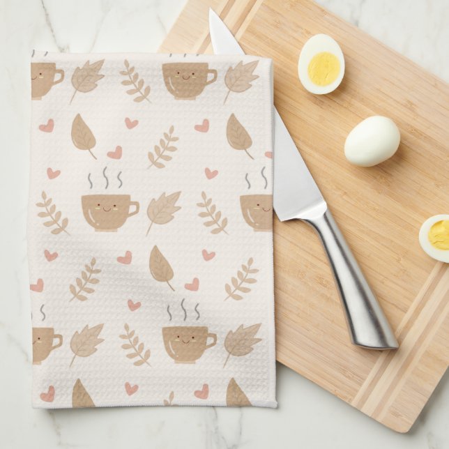 Cute Kawaii Coffee and Leaves Autumn Pattern Tea Towel (Quarter Fold)