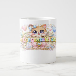 Cute Kawaii Congratulations Cat Pastel Pink Floral Large Coffee Mug