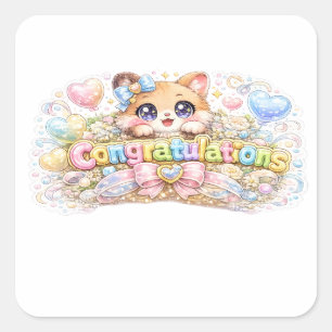 Cute Kawaii Congratulations Cat Pastel Pink Floral Square Sticker