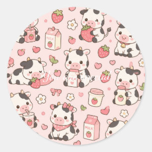 Cute Kawaii Cow Strawberry Pattern   Pink Pastel  Classic Round Sticker