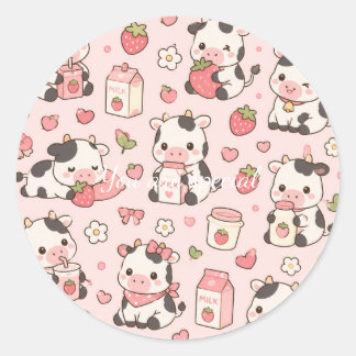 Cute Kawaii Cow Strawberry Pattern | Pink Pastel Classic Round Sticker