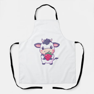 Cute Kawaii Cow With Strawberries Adorable Cattle Apron