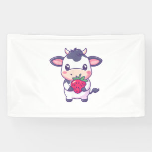 Cute Kawaii Cow With Strawberries Adorable Cattle  Banner