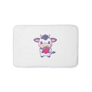 Cute Kawaii Cow With Strawberries Adorable Cattle Bath Mat
