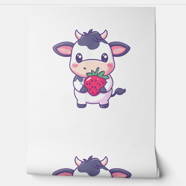 Cute Kawaii Cow With Strawberries Adorable Cattle  Wallpaper (Unrolling)