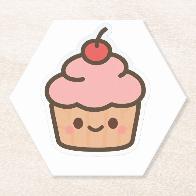 Cute Kawaii Cupcake with Cherry – Happy Face Carto Paper Coaster (Front)