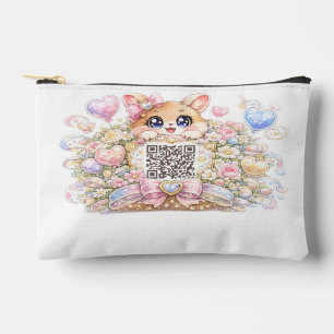 Cute Kawaii Custom QR Code Cat Pastel Pink Floral Accessory Pouch
