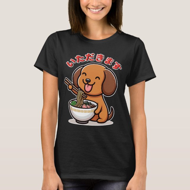 Cute Kawaii Dachshund Eats Ramen Itadakimasu T-Shirt (Front)