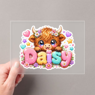Cute Kawaii Daisy Highland Cow Name Pastel Pink Fl Acrylic Invitations