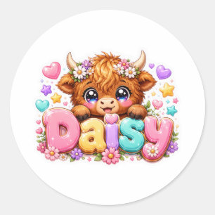 Cute Kawaii Daisy Highland Cow Name Pastel Pink Fl Classic Round Sticker