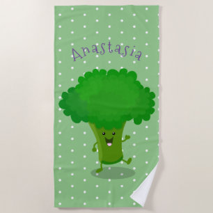 Cute kawaii dancing broccoli cartoon illustration beach towel