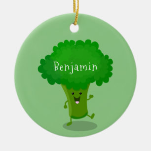 Cute kawaii dancing broccoli cartoon illustration ceramic ornament