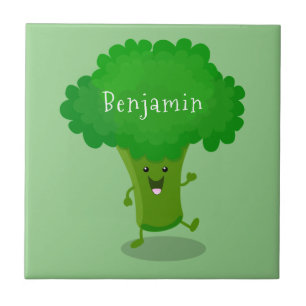 Cute kawaii dancing broccoli cartoon illustration ceramic tile