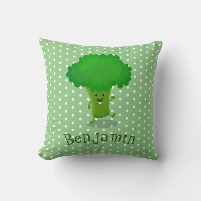 Cute kawaii dancing broccoli cartoon illustration cushion (Front)