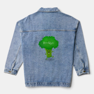 Cute kawaii dancing broccoli cartoon illustration denim jacket