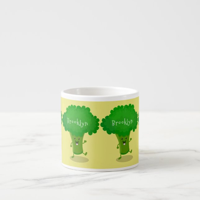 Cute kawaii dancing broccoli cartoon illustration espresso cup (Front)