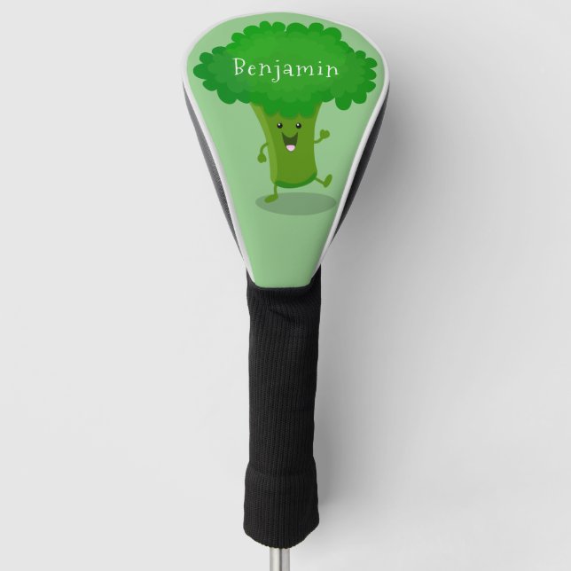 Cute kawaii dancing broccoli cartoon illustration golf head cover (Front)