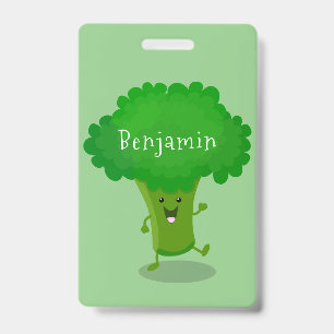 Cute kawaii dancing broccoli cartoon illustration ID badge
