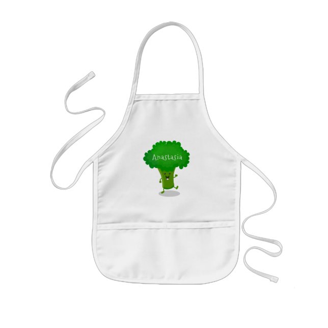 Cute kawaii dancing broccoli cartoon illustration kids apron (Front)
