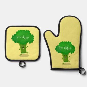 Cute kawaii dancing broccoli cartoon illustration oven mitt & pot holder set