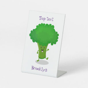 Cute kawaii dancing broccoli cartoon illustration pedestal sign