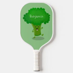 Cute kawaii dancing broccoli cartoon illustration pickleball paddle