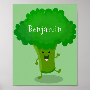 Cute kawaii dancing broccoli cartoon illustration poster