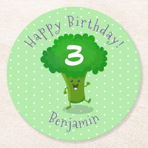 Cute kawaii dancing broccoli cartoon illustration round paper coaster