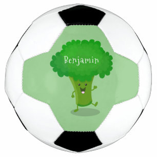 Cute kawaii dancing broccoli cartoon illustration soccer ball