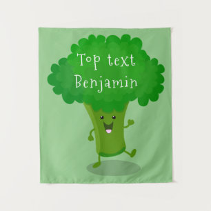 Cute kawaii dancing broccoli cartoon illustration  tapestry