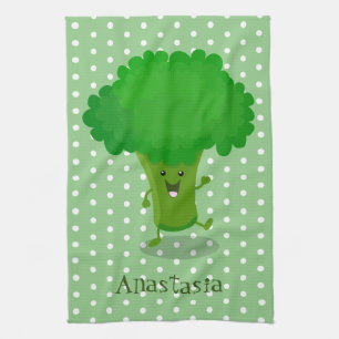 Cute kawaii dancing broccoli cartoon illustration tea towel