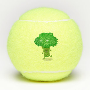 Cute kawaii dancing broccoli cartoon illustration tennis balls